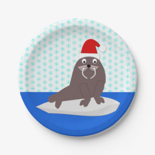 Niedlicher Weihnachtswalrus und Schneeflocken Pappteller