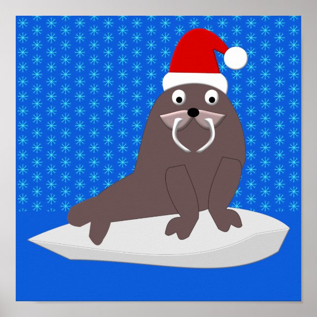 Niedlicher Weihnachtswalrus und Schneeflocken Poster (Vorne)