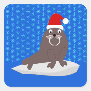 Niedlicher Weihnachtswalrus und Schneeflocken Quadratischer Aufkleber