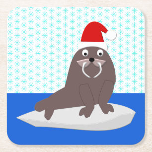 Niedlicher Weihnachtswalrus und Schneeflocken Rechteckiger Pappuntersetzer