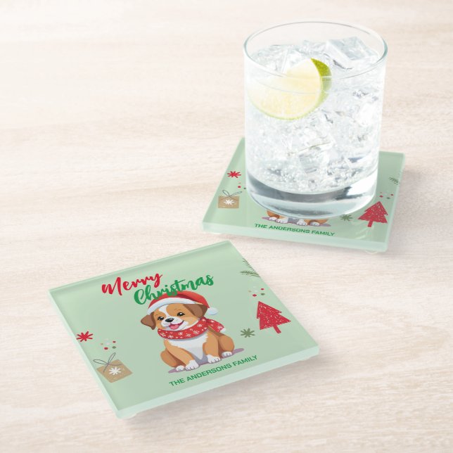 Niedlicher Weihnachtswelpe Santa Scarf Urlaub Glasuntersetzer (Schrägansicht)