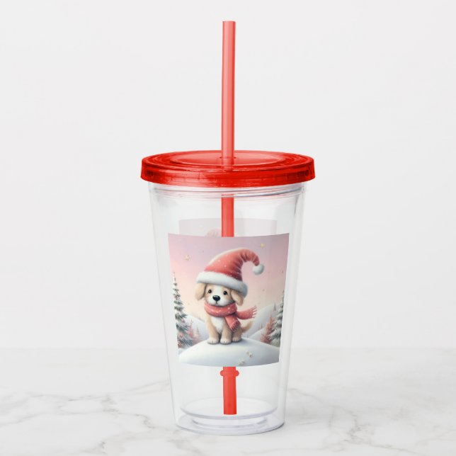 Niedlicher Weihnachtswelpen in der Weihnachtsmannm Acryltrinkbecher (Vorderseite)
