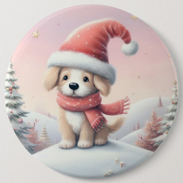 Niedlicher Weihnachtswelpen in der Weihnachtsmannm Button (Vorderseite)