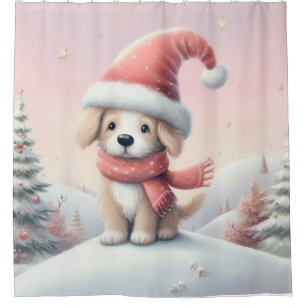 Niedlicher Weihnachtswelpen in der Weihnachtsmannm Duschvorhang