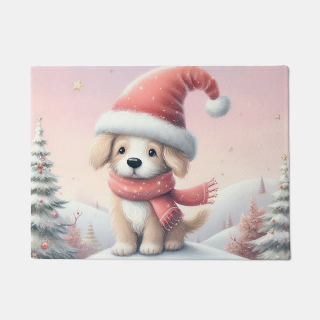 Niedlicher Weihnachtswelpen in der Weihnachtsmannm Fußmatte (Vorderseite)