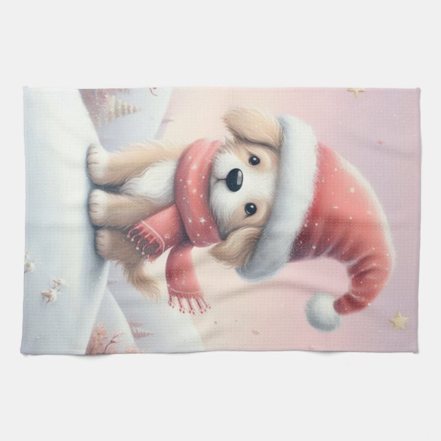 Niedlicher Weihnachtswelpen in der Weihnachtsmannm Geschirrtuch (Horizontal)