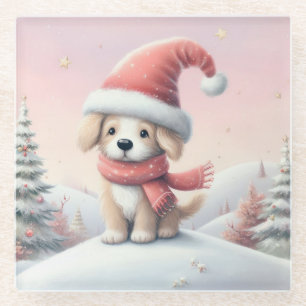 Niedlicher Weihnachtswelpen in der Weihnachtsmannm Glasuntersetzer