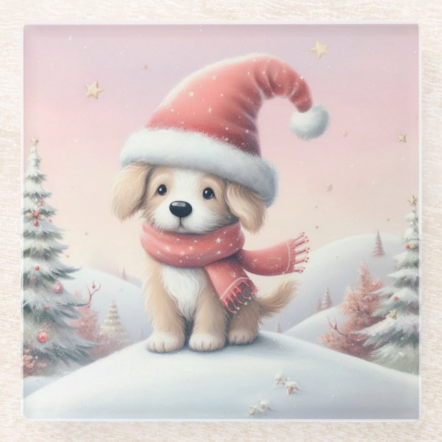 Niedlicher Weihnachtswelpen in der Weihnachtsmannm Glasuntersetzer (Vorderseite)