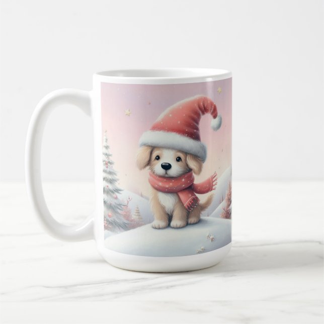 Niedlicher Weihnachtswelpen in der Weihnachtsmannm Kaffeetasse (Links)
