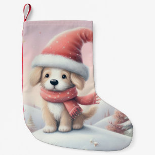 Niedlicher Weihnachtswelpen in der Weihnachtsmannm Kleiner Weihnachtsstrumpf