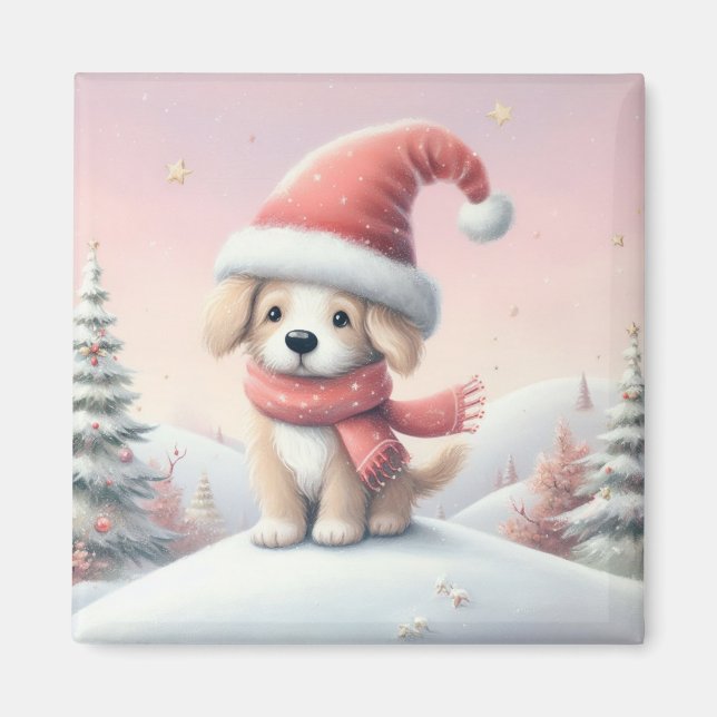 Niedlicher Weihnachtswelpen in der Weihnachtsmannm Magnet (Vorne)