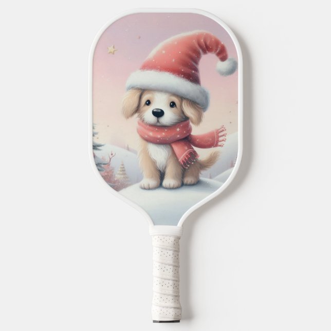 Niedlicher Weihnachtswelpen in der Weihnachtsmannm Pickleball Schläger (Vorderseite)