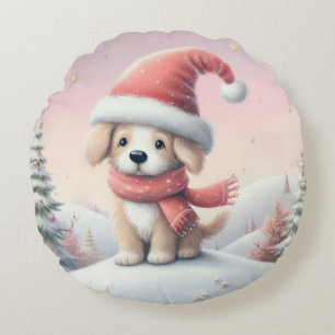 Niedlicher Weihnachtswelpen in der Weihnachtsmannm Rundes Kissen