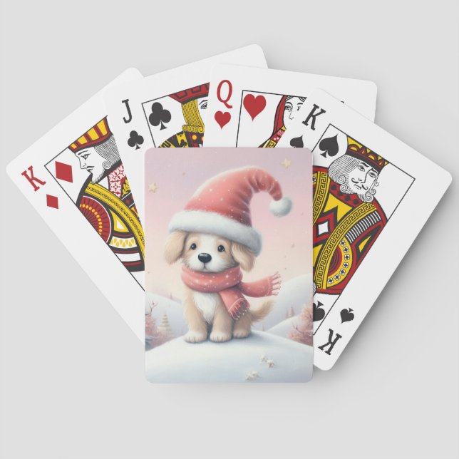 Niedlicher Weihnachtswelpen in der Weihnachtsmannm Spielkarten (Rückseite)