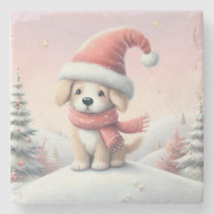 Niedlicher Weihnachtswelpen in der Weihnachtsmannm Steinuntersetzer