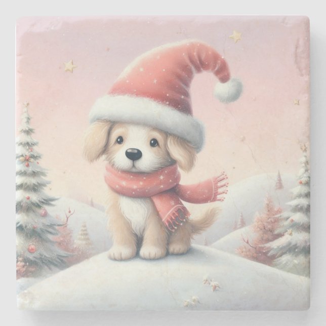 Niedlicher Weihnachtswelpen in der Weihnachtsmannm Steinuntersetzer (Vorderseite)