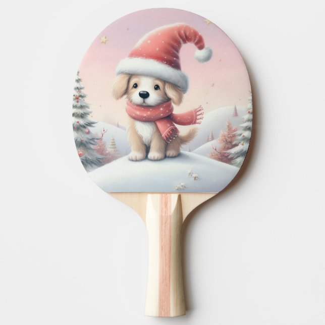 Niedlicher Weihnachtswelpen in der Weihnachtsmannm Tischtennis Schläger (Vorderseite)
