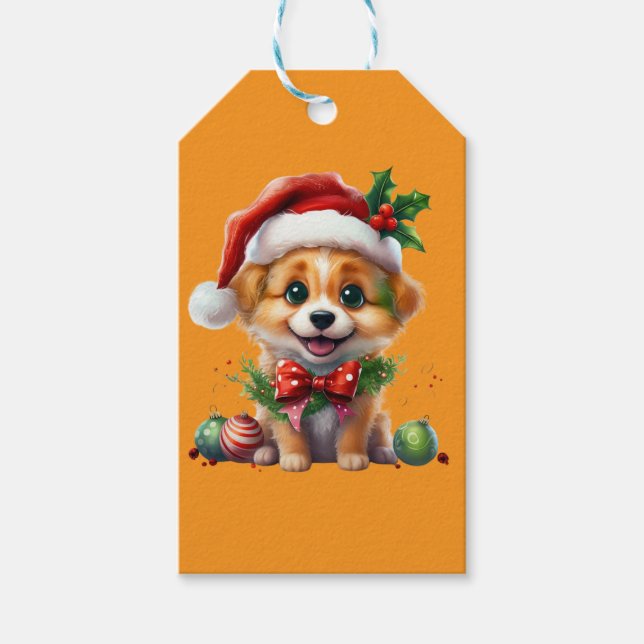 Niedlicher Weihnachtswelpen mit Weihnachtsmannmütz Geschenkanhänger (Vorderseite)