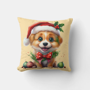 Niedlicher Weihnachtswelpen mit Weihnachtsmannmütz Kissen
