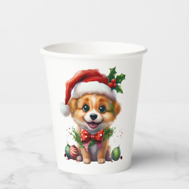Niedlicher Weihnachtswelpen mit Weihnachtsmannmütz Pappbecher (Vorderseite)