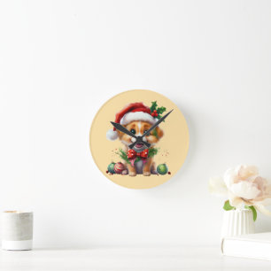 Niedlicher Weihnachtswelpen mit Weihnachtsmannmütz Runde Wanduhr