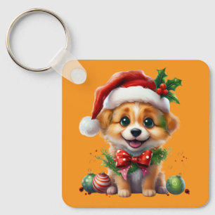Niedlicher Weihnachtswelpen mit Weihnachtsmannmütz Schlüsselanhänger