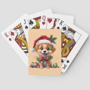 Niedlicher Weihnachtswelpen mit Weihnachtsmannmütz Spielkarten