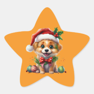 Niedlicher Weihnachtswelpen mit Weihnachtsmannmütz Stern-Aufkleber