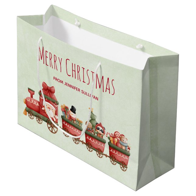 Niedlicher Weihnachtszug mit Spielzeug Große Geschenktüte (Vorderseite Schrägansicht)