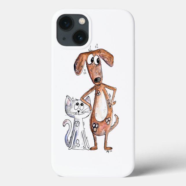 Niedlicher, weißbrauner Hund und graue Katze Case-Mate iPhone Hülle (Rückseite)