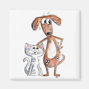 Niedlicher, weißbrauner Hund und graue Katze Magnet