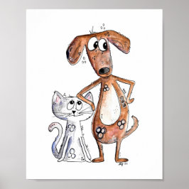 Niedlicher, weißbrauner Hund und graue Katze Poster