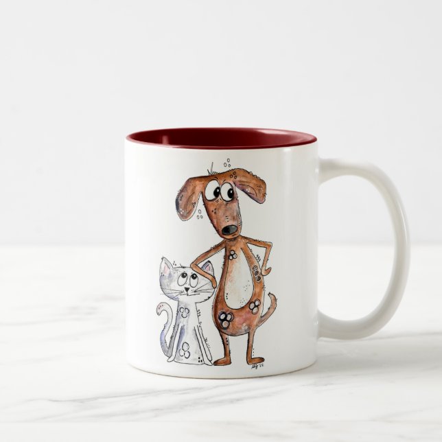 Niedlicher, weißbrauner Hund und graue Katze Zweifarbige Tasse (Rechts)