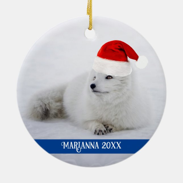 Niedlicher weißer arktischer Fox im Schnee Keramik Ornament (Hinten)