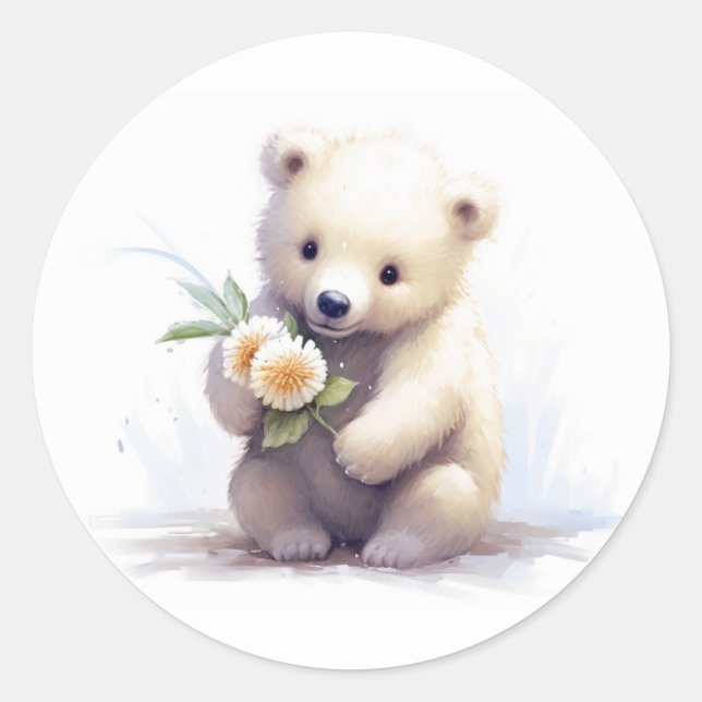 Niedlicher weißer Bär mit Blume Runder Aufkleber (Vorderseite)