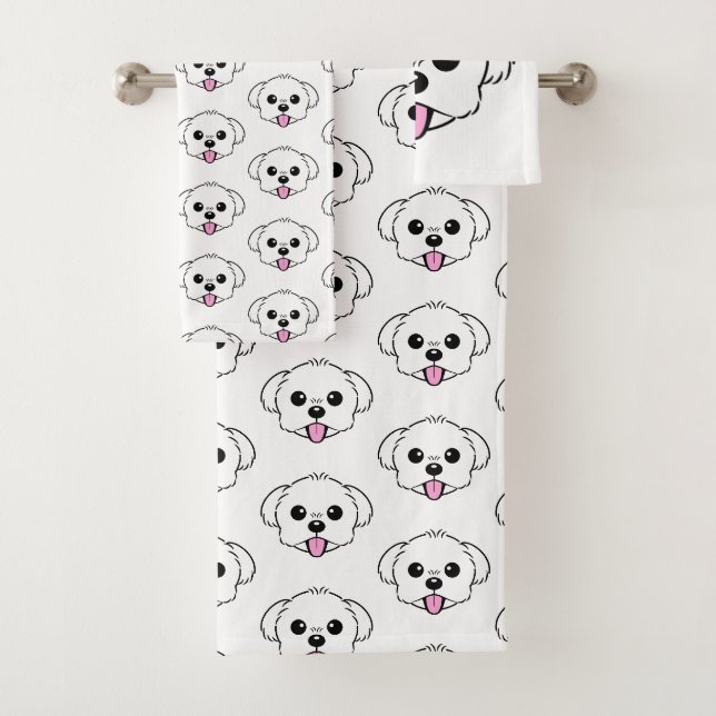 Niedlicher weißer Bichon Frise Hund klebt Zunge he Badhandtuch Set (Insitu)