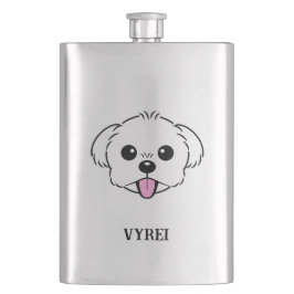 Niedlicher weißer Bichon Frise Hund klebt Zunge he Flachmann