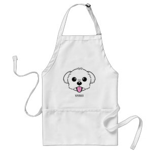 Niedlicher weißer Bichon Frise Hund klebt Zunge he Schürze