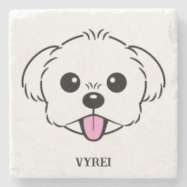 Niedlicher weißer Bichon Frise Hund klebt Zunge he Steinuntersetzer
