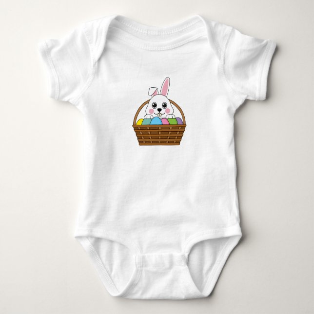 Niedlicher Weißer Bunny farbenfroher Ostern Ei Hun Baby Strampler (Vorderseite)
