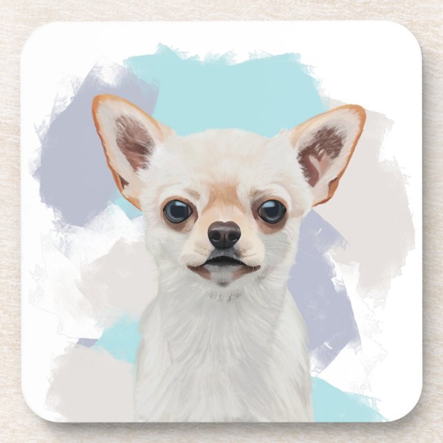 Niedlicher weißer Chihuahua-Hund Abstrakter blauer Getränkeuntersetzer (Vorderseite)