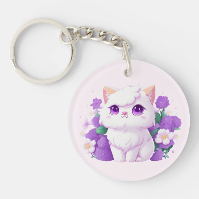 Niedlicher weißer Fluffy Perserkatze mit Morgengla Schlüsselanhänger (Vorderseite)