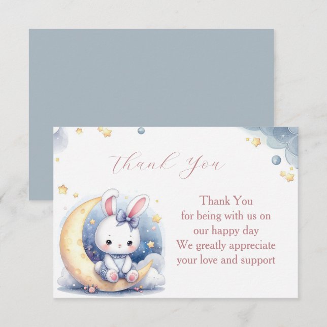 Niedlicher weißer Hase auf dem Mond Dankeskarte (Vorne/Hinten)