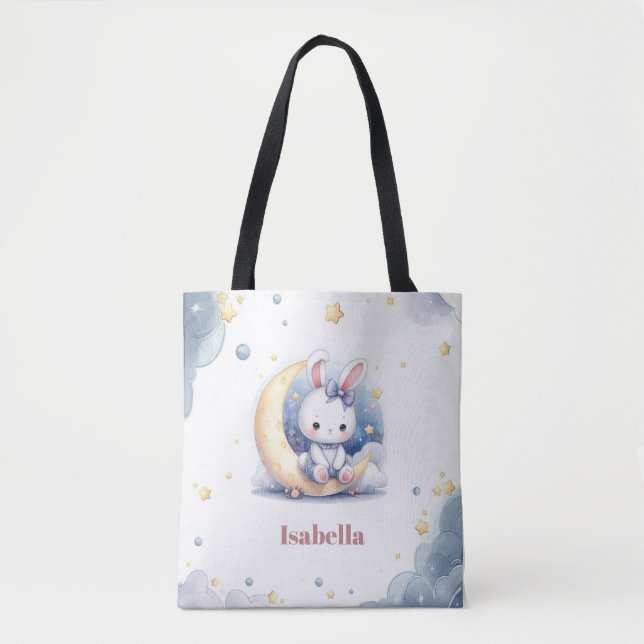 niedlicher weißer Hase auf dem Mond Tasche (Vorderseite)
