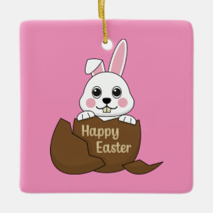 Niedlicher Weißer Hase im Schokoladeneier glücklic Keramikornament