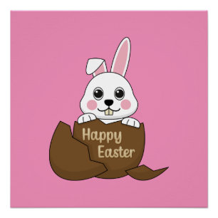 Niedlicher Weißer Hase im Schokoladeneier glücklic Poster