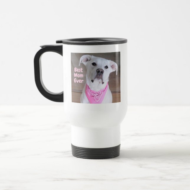 Niedlicher weißer Hund mit rosa Scarf Beste Mama j Reisebecher (Links)