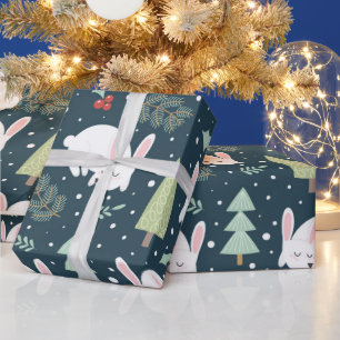 Niedlicher Weißer Kaninchen Waldthemen-Weihnachten Geschenkpapier