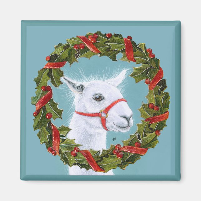 Niedlicher Weißer Lama mit Weihnachtsmagnet Magnet (Vorne)