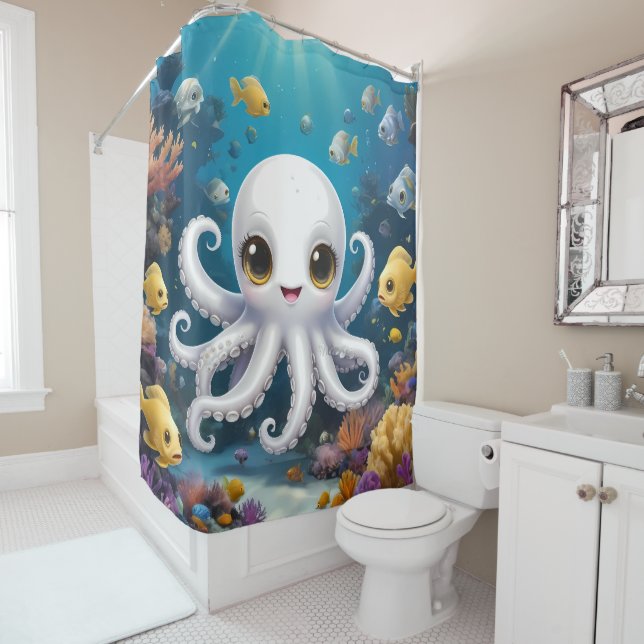 Niedlicher Weißer Oktopus unter dem Meeresbadezimm Duschvorhang (Beispiel)